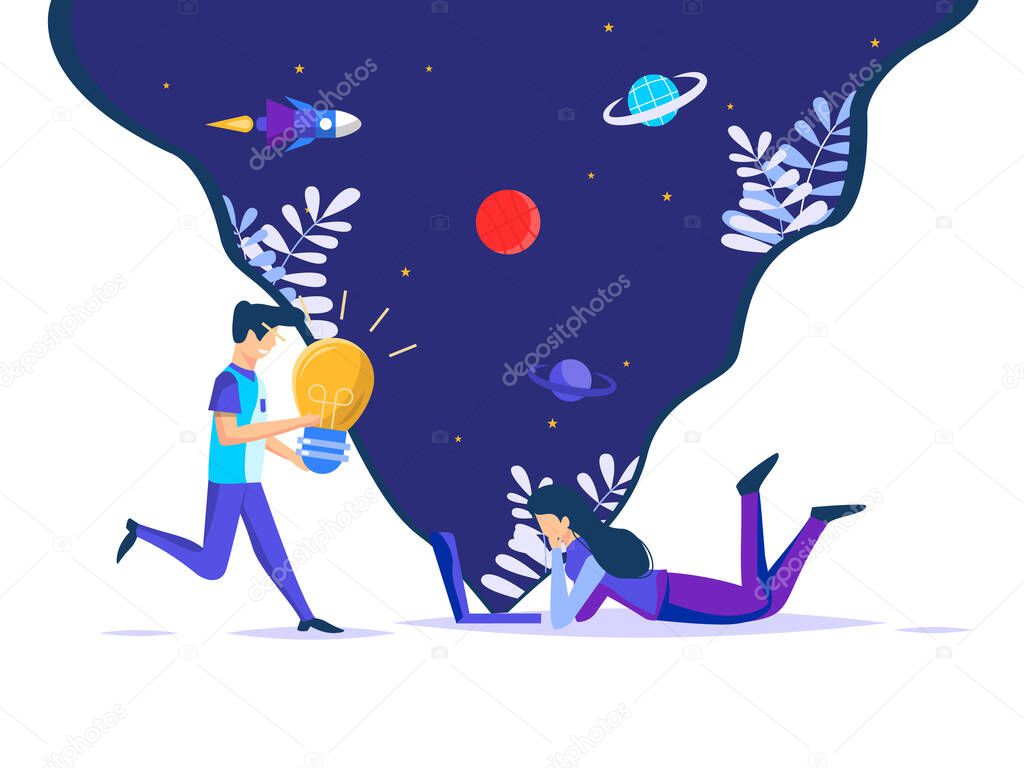 Various creative ideas that emerge in space. women relax in front of a laptop, running friends contribute inspiration. vector illustration.