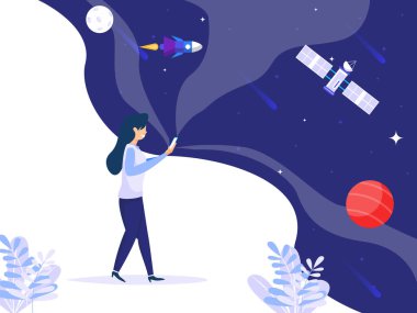 Cep telefonu tutan bir kadın uzayda fikir bulmak için yürüyor. Teknoloji konsepti. Vektör illüstrasyonu.