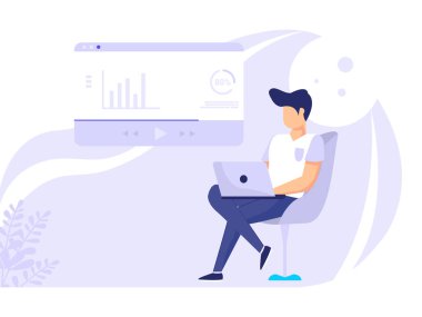 Online eğitim. Adam öndeki bilgi ekranlarında oturuyor. Telekomünikasyon, uzaktan çalışma ve iş iletişimi kavramları.