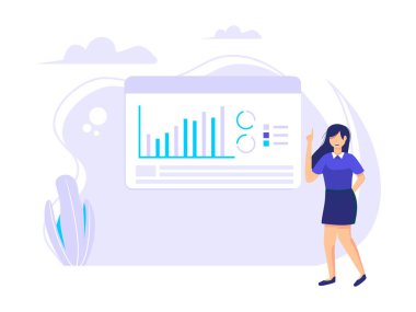 Çevrimiçi coğrafya. İşçi kadın bilgi ekranında ayrıntılı iş verileri sağlar. dijital kavramlar, uzak çalışma ve iş iletişimi.