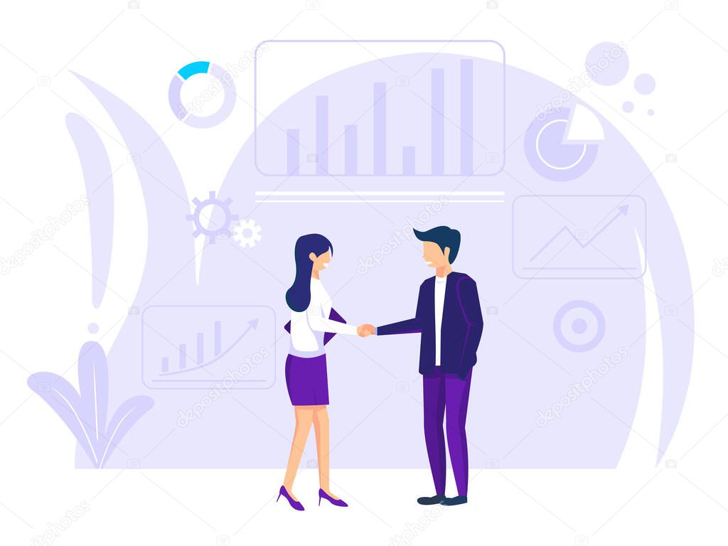 online business workers. co-workers shake hands to start a business. Graph data starting a business. vector illustration.