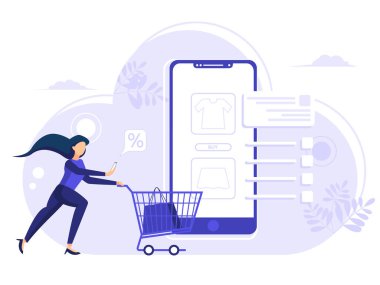 Çevrimiçi alışveriş konsepti illüstrasyonu, web tasarımı için uygun, mobil uygulama, afişler, düz resimli iniş sayfaları.