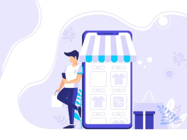 Çevrimiçi alışveriş konsepti illüstrasyonu, web tasarımı için uygun, mobil uygulama, afişler, düz resimli iniş sayfaları.