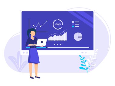 Çevrimiçi eğitim bilgileri, ön sayfada sunan kadınlar, uzaktan çalışma ve iş iletişimi kavramları.