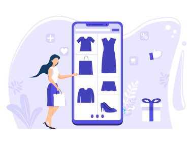 Çevrimiçi alışveriş konsepti illüstrasyonu, web tasarımı için uygun, afişler, düz resimli iniş sayfaları.