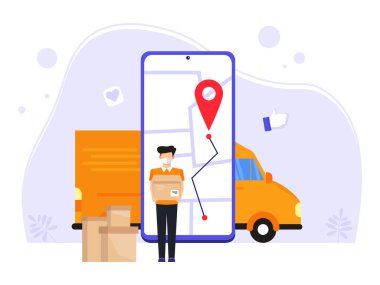 Hızlı çevrimiçi teslimat. Malların ya da posta paketlerinin özel ve hızlı teslimatı. Düz biçimli vektör illüstrasyonu.