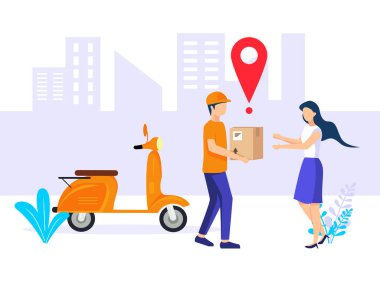 Hızlı teslimat. Kuryeler, müşterilere mobiletlerle ücretsiz mal ya da posta paketi dağıtıyorlar. Düz biçimli vektör illüstrasyonu