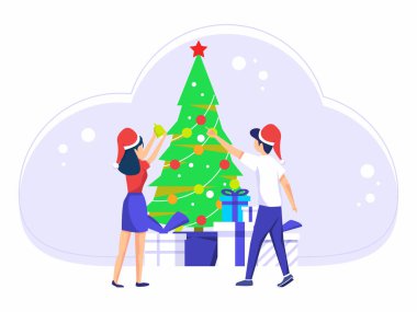 Noel bayramı kutlaması. Erkekler ve kadınlar Noel tatilini birlikte kutlarlar. Yılbaşı ağacında çeşitli hediyeler. vektör illüstrasyonu