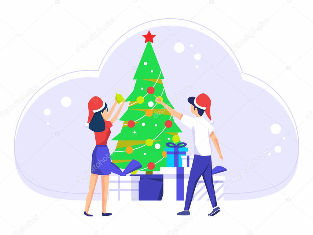 Christmas holiday celebration. Men and women celebrate Christmas holidays together. various kinds of gifts on the christmas tree. vector illustration