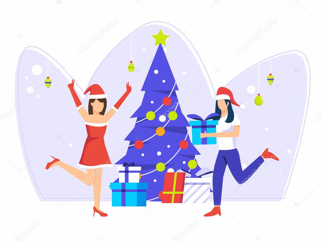 Christmas holiday celebration. Women give gifts to siblings. various kinds of gifts on the christmas tree. vector illustration