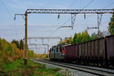 Vagonlar dolusu yük treni demiryolunda. Sonbahar ağaçları.