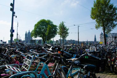 Yazın Amsterdam 'da bisiklet parkı. Hollanda 'da çevre taşımacılığı.