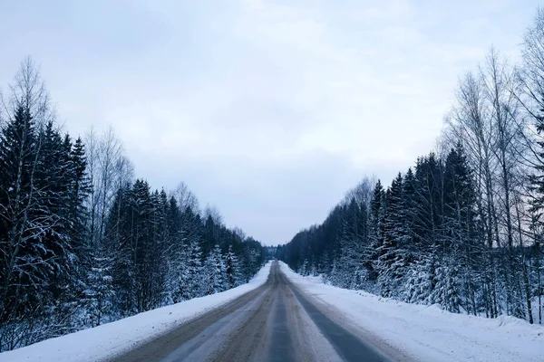 Strada Asfaltata Coperta Neve Vuota Con Alberi Bordi Paesaggio Invernale — Foto Stock