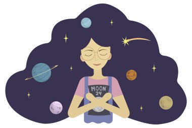 Gözlüklü, dergide Moon 24 yazan hayalperest kız. Yıldızlı ve gezegenli uzay saçı.