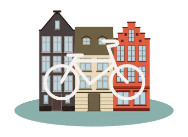 Logo grafik konsepti. Amsterdam 'daki geleneksel Hollandalı evlerinin dışında. Ön planda bisiklet var.