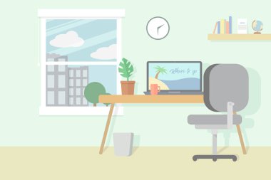 Konsept vektör düz tasarımı. Seyahat acentesinin modern iç mekanı. İşyeri.