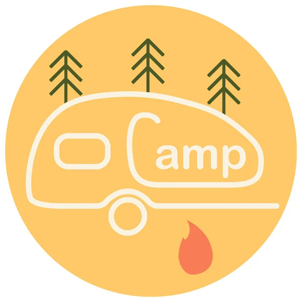 Concepção Logotipo Acampamento Minimalismo Simples Trailer Viagem Árvores Fogo Ícone — Vetor de Stock