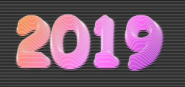 Happy New Year 2019 Text Design, Tiga dimensi relief angka dari garis tipis . - Stok Vektor