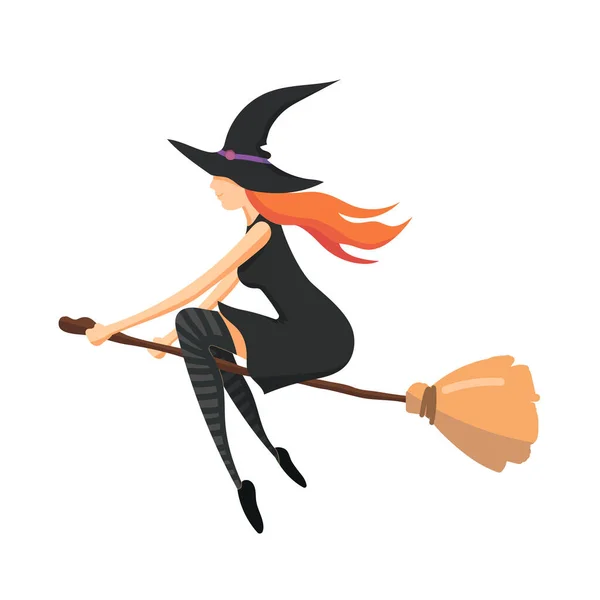 一个红头发的年轻女人 骑着扫帚飞着 白色背景的飞行女巫现代平面设计的矢量图 — 图库矢量图片