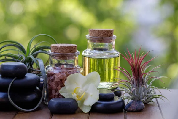 Spa and wellness decoration with bottles oil and salt, zen stones and tropical flowers on wooden board. Blurred green background with copy space