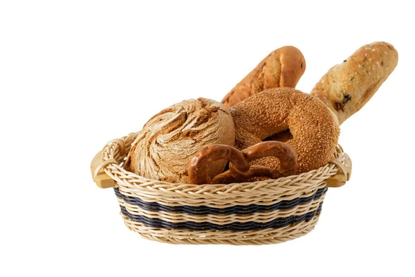 Frisch Gebackenes Knuspriges Brot Französisches Baguette Türkischer Sesambagel Und Deutsche — Stockfoto