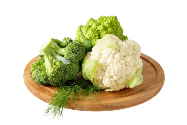 Broccoli Freschi Romanesco Cavolfiore Tavola Legno Isolata Fondo Bianco — Foto Stock
