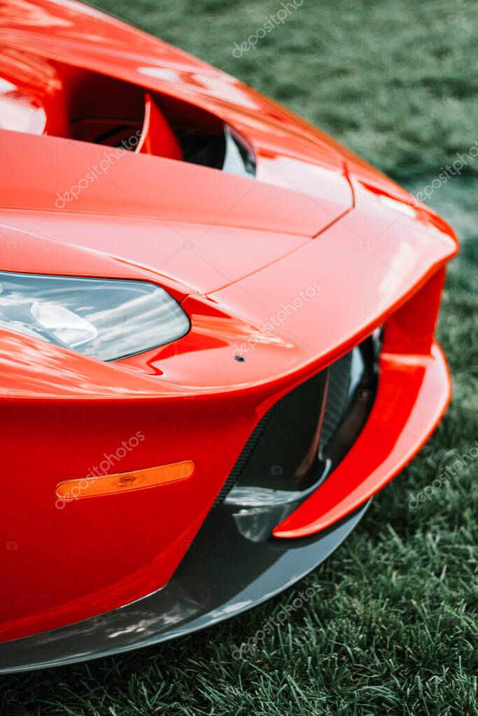 The Farmington Polo Grounds, Farmington, CT USA - August 22, 2020: front view of red Ferrari Race Car. The Dream Ride Club.