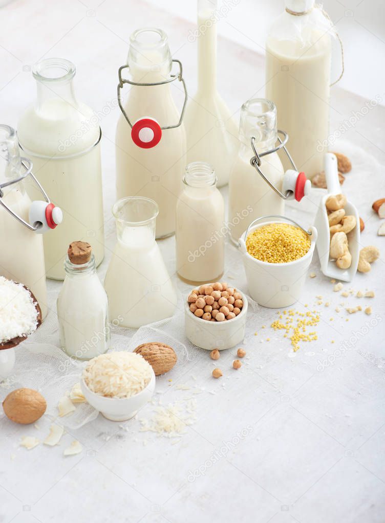 Alternative types of milks. Vegan substitute dairy milk.