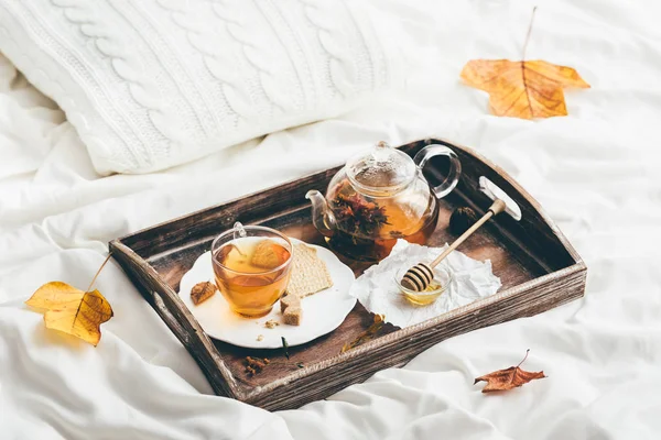 Warming tea in bed. Window light