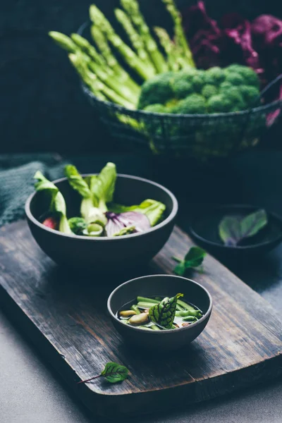 Two bowl with fresh ingredients for chinese soup — Stock Photo, Image