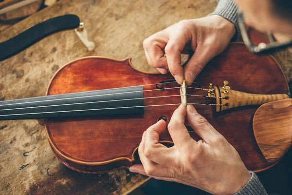 Luthier riparazione violino nella sua officina — Foto Stock