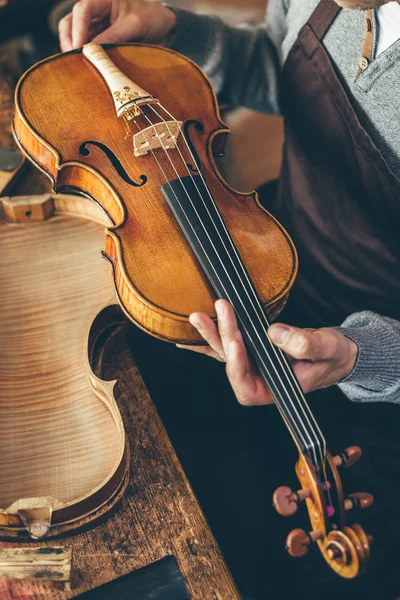 Luthier riparazione violino nella sua officina — Foto Stock