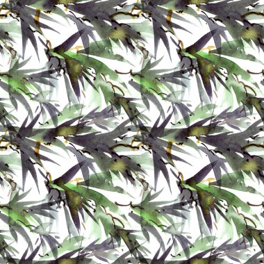 Sumi-e, u-sin tarzında bambu yapraklarının suluboya ve mürekkep çizimi. Geleneksel doğu resmi. Kusursuz desen.