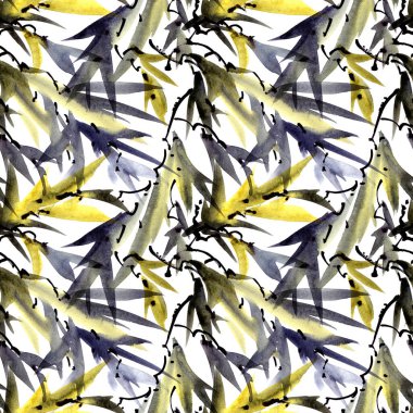 Sumi-e, u-sin tarzında bambu yapraklarının suluboya ve mürekkep çizimi. Geleneksel doğu resmi. Kusursuz desen.