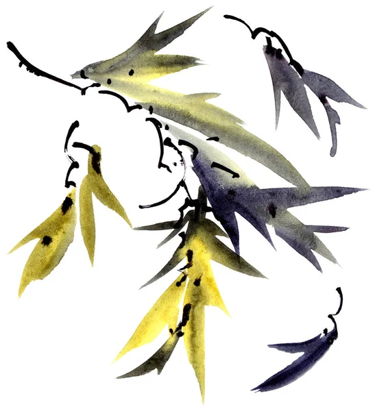 Akvarel Inkoust Ilustrace Bambusových Listů Stylu Sumi Sin Orientální Tradiční — Stock fotografie