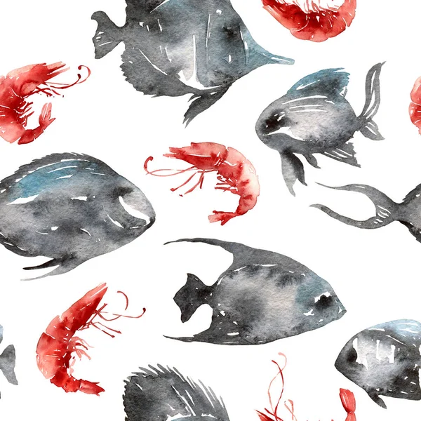 Акварельная Иллюстрация Рыб Креветок Бесшовный Рисунок — стоковое фото