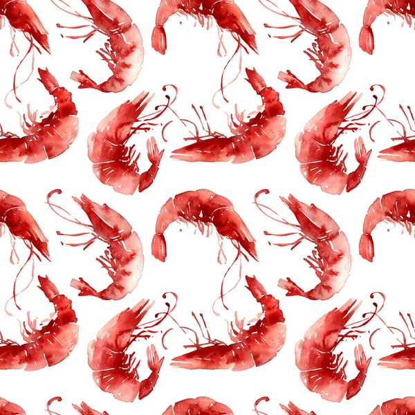 Watercolor illustration of big shrimps. Seamless pattern.
