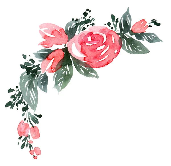 Couronne Florale Roses Feuilles Illustrations Botaniques Cadre Aquarelle — Photo