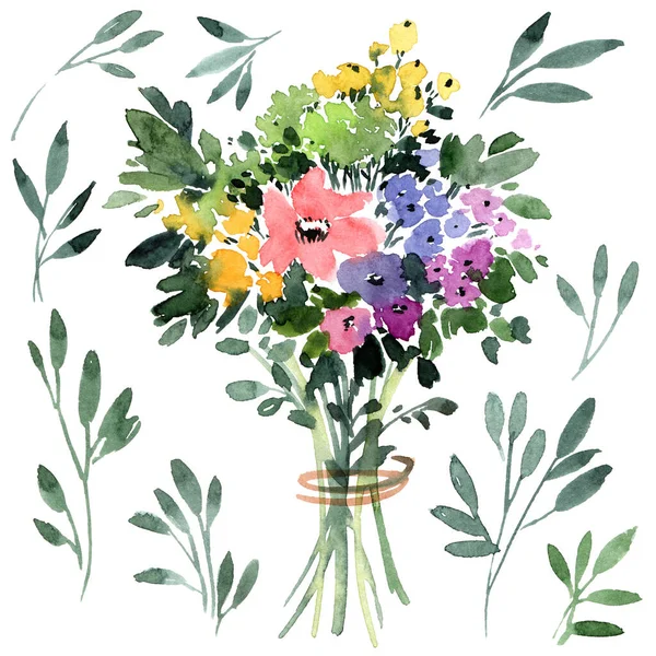 Arranjos Florais Aquarela Com Flores Folhas Galhos Ilustração Artística — Fotografia de Stock