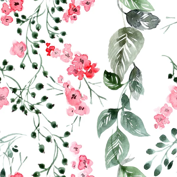 Illustration Florale Aquarelle Avec Fleurs Feuilles Brindilles Modèle Sans Couture — Photo