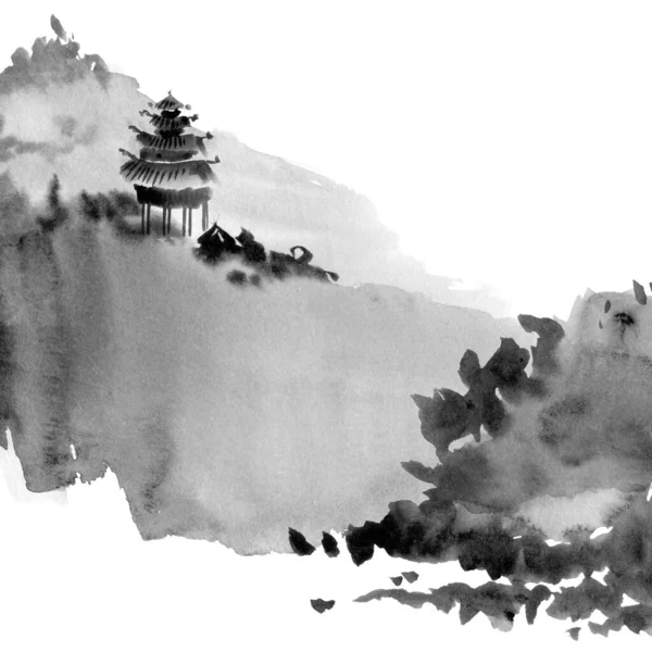 Aquarelle Illustration Encre Paysage Chinois Avec Pagode Montagnes Dans Style — Photo