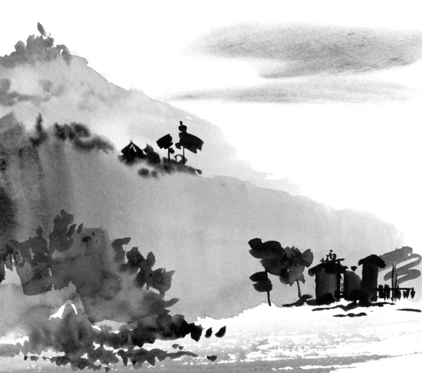 Watercolor and ink illustration of asian landscape with old buildings, trees, mountains and cloud sky. Drawing in style sumi-e, u-sin. Oriental traditional painting.