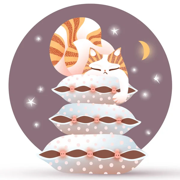 Gato Dormido Almohadas Linda Ilustración Vectorial Cielo Nocturno Sobre Fondo — Vector de stock