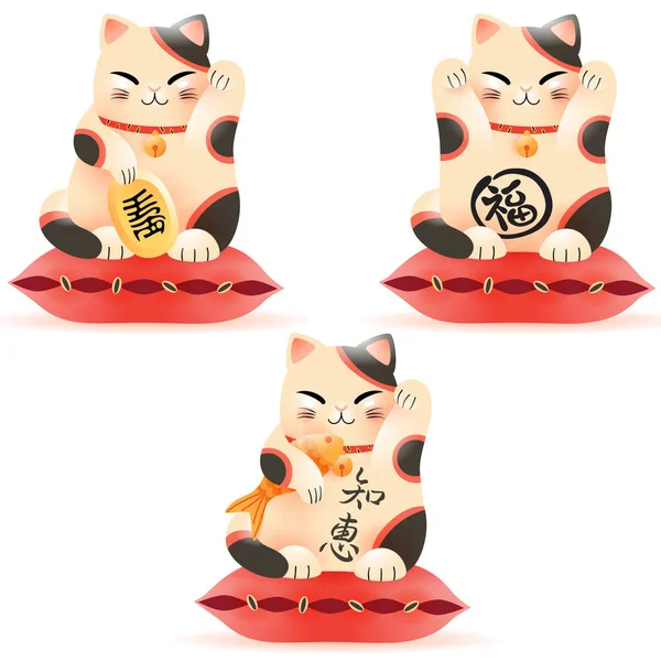 Beyaz arka planda şanslı kedi Maneki Neko 'nun vektör çizimleri. Bozuk para tutan ilk kedi. Bozuk paradaki hiyeroglifin çevirisi on bin ryo, ki bu da eski bir Japon para birimi. Sekonik kedinin hiyeroglifleri şans olarak tercüme edilir. Üçüncü kedi. 
