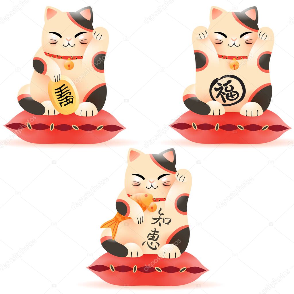 Vector illustrations of lucky cat Maneki Neko on a white background. First cat holding a coin. The hieroglyph on the coin translates as ten thousand ryo, which is an ancient currency of Japan. Sekond cat have hieroglyph translates as luck. Third cat 