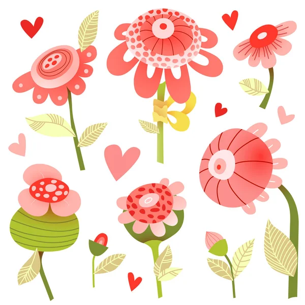 Söt Illustration Blommor Knoppar Blad Och Små Hjärtan Ursprungliga Klotter — Stock vektor