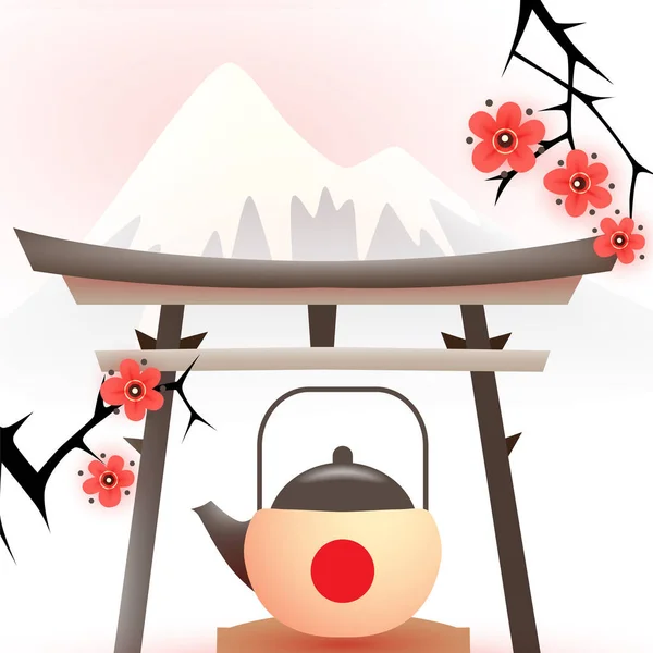 Japanse Stilleven Met Theepot Sakura Boom Torii Poort Fuji Mouintains — Stockvector