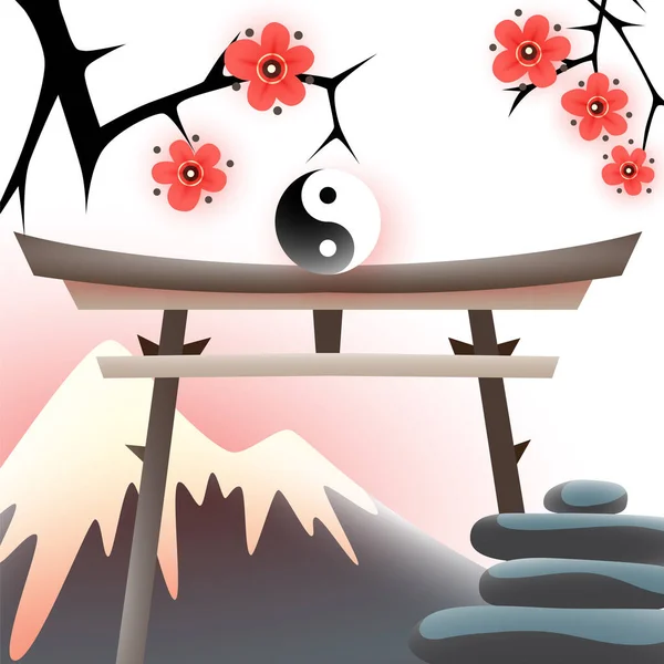 Ilustración Japonesa Con Piedras Planas Árbol Sakura Puerta Torii Yin — Archivo Imágenes Vectoriales