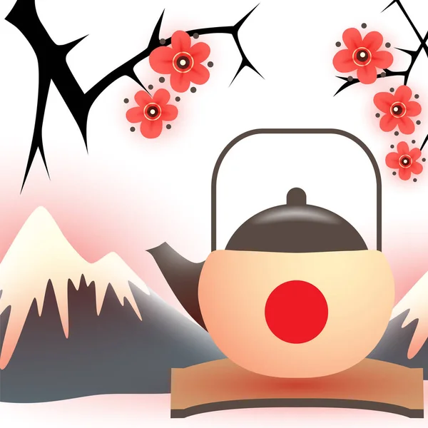 Japans Stilleven Met Theepot Sakura Boom Fuji Mouintains Symbolen Van — Stockvector