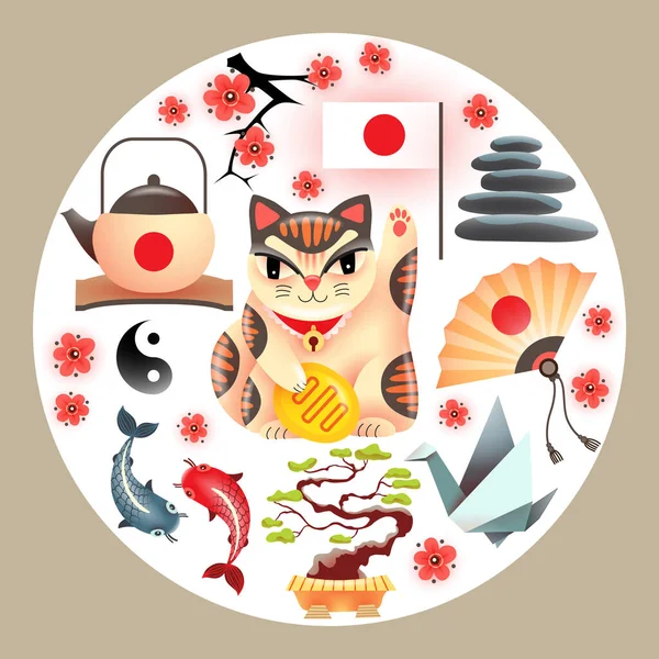 Conjunto Símbolos Japoneses Objetos Cultura Tradicional Japón Tetera Piedras Planas — Vector de stock